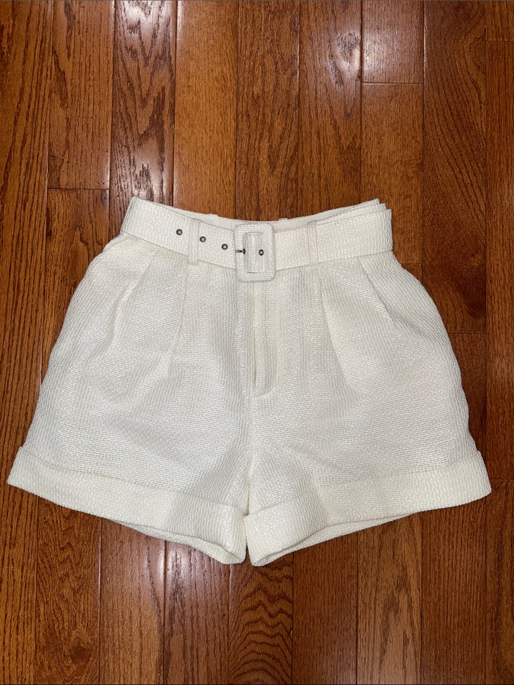 Ted Baker London Off‑White Textured High‑Waist Belted Shorts